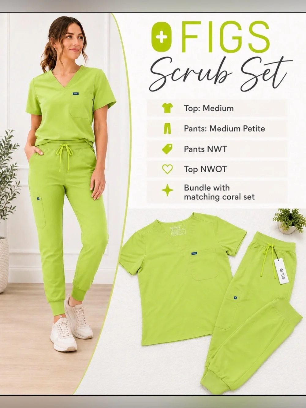 FIGS Lime Green Scrub Set Top M Pants M/P NWT/NWOT V-Neck Scrub Top & Drawstring